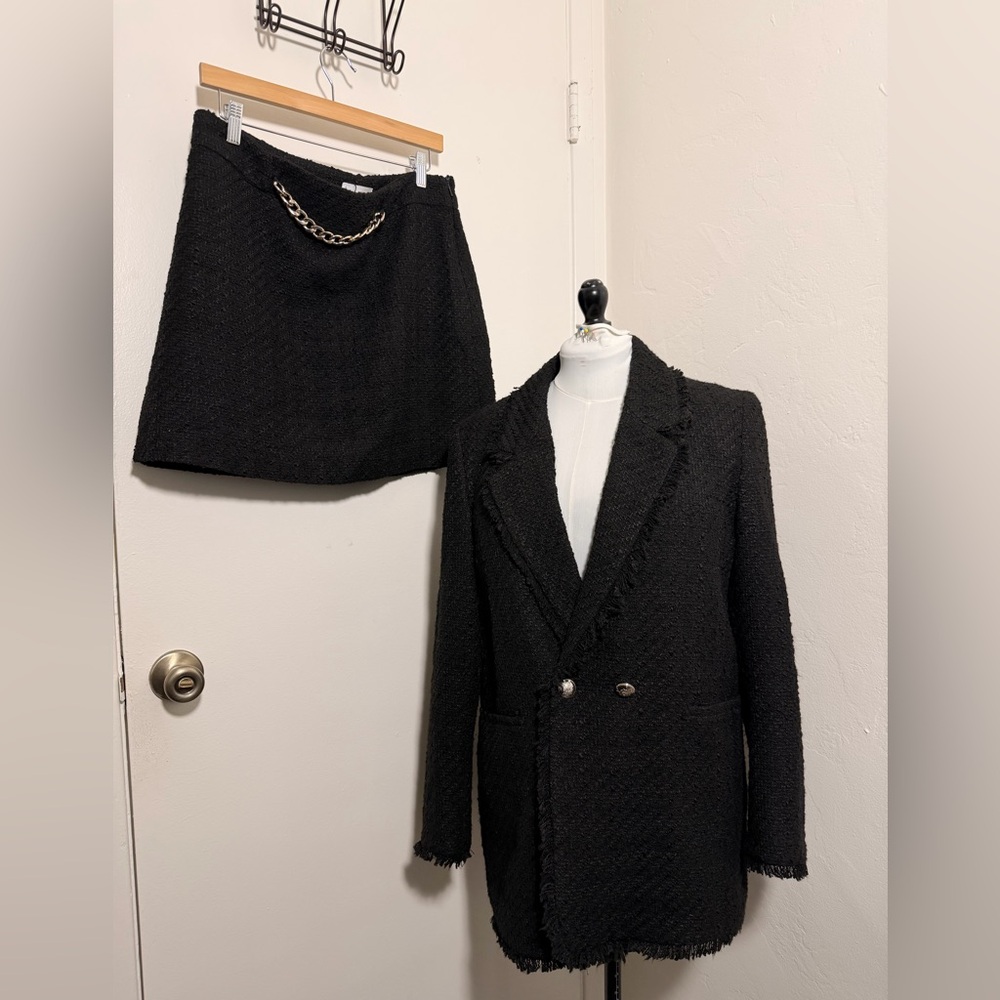MANGO black tweed blazer skirt set size XL